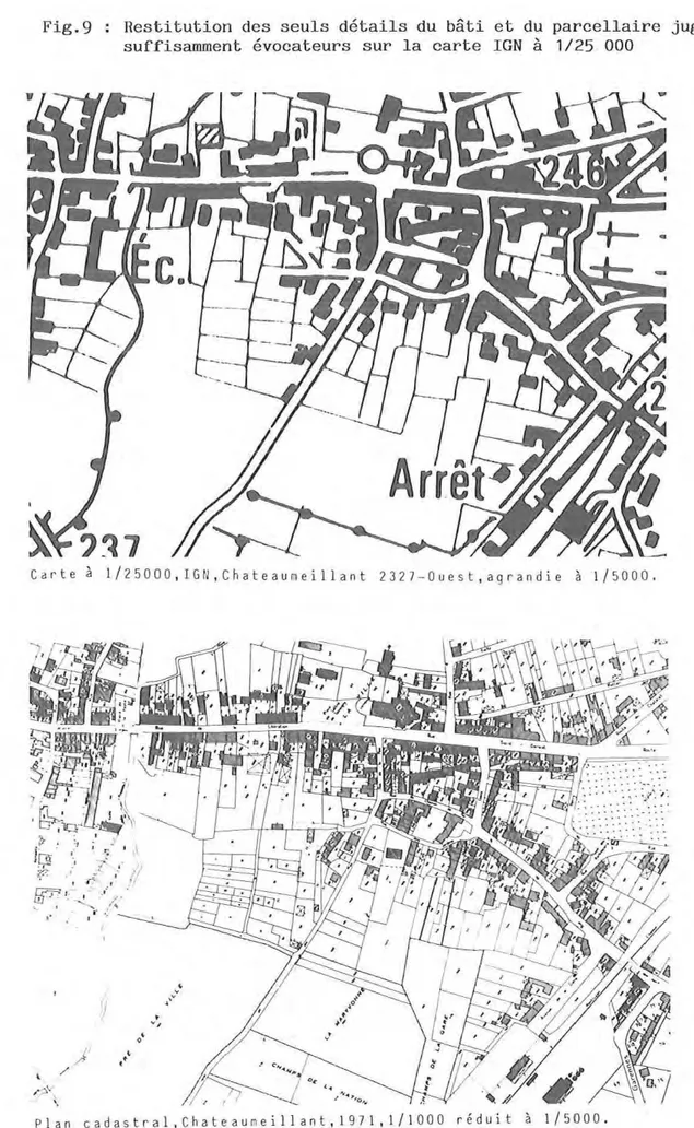 Fig . 9  Restitution  des  seuls  détails  du  bâti  et  du  parcellaire  jugés  suffisamment  évocateurs  sur  la  carte  IGN  à  1/25  000 