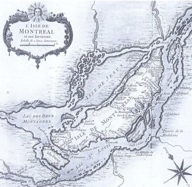 Figure 2.3.2.2-1 Carte de l’île et de la ville de Montréal d’après Jacques-Nicolas Bellin 1764,  (Collection Centre canadien d’Architecture, cité par Robert, 1994, planche 15)