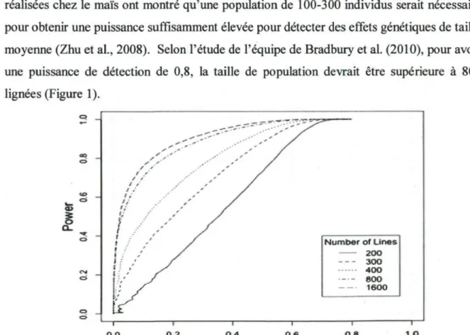 Figure  l. Relation entre la puissance de détection et le « false discovery rate » (FDR) en  fonction de la taille de la population employée (200, 300, 400, 800, and 1600) dans le cadre 