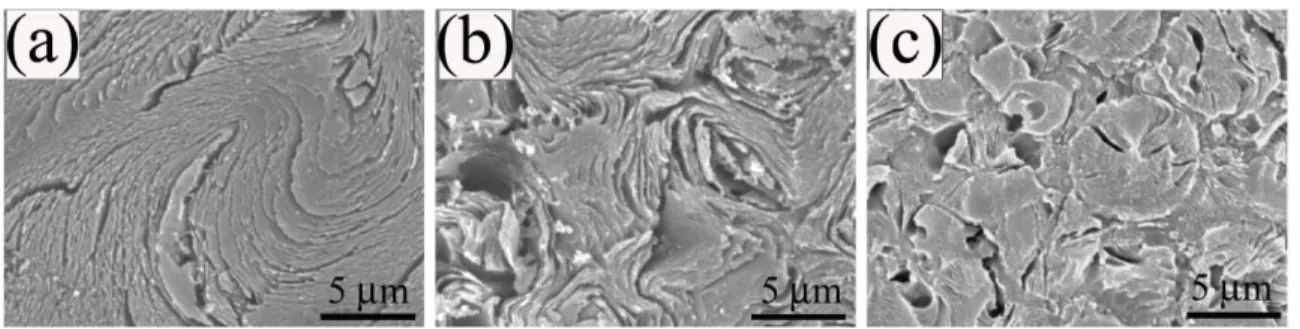 Figure 5 SEM images showing different components of carbonized pitch on etched surface of  anode: (a) lamellar; (b) intermediate; (c) granular 