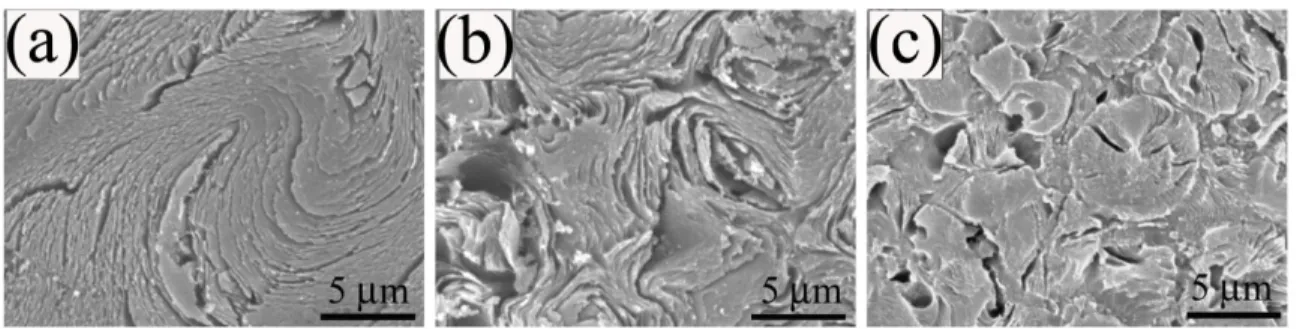Figure 5 SEM images showing different components of carbonized pitch on etched surface of  anode: (a) lamellar; (b) intermediate; (c) granular