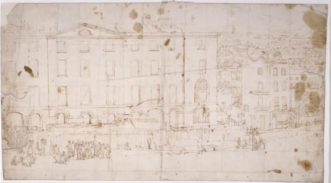 Fig. 11 : Thomas Girtin, « Albion Mills à l'approche de Blackfriars Bridge ; dessin  préparatoire pour la section I du panorama de Londres, l’“Eidometropolis” »