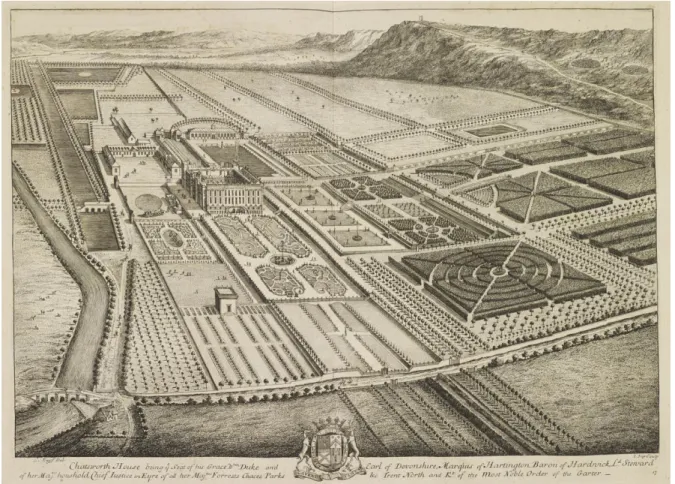 Fig. 2 : Leonard Knyff et Johannes Kip, « Chatsworth House », Britannia Illustrata: Or  Views of Several of the Queens Palaces, as Also of the Principal seats of the Nobility  and Gentry of Great Britain, Curiously Engraven on 80 Copper Plates