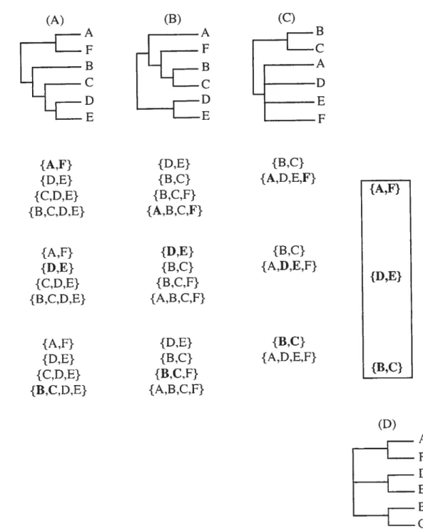 Figure 4. Exemple illustrant la combinaison de trois arbres (A.B.C) à F aide de la méthode