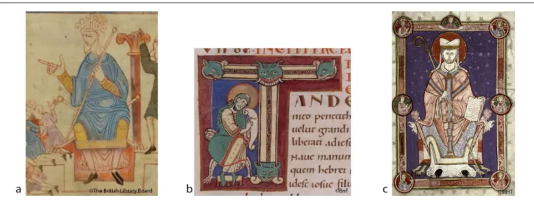 Fig. 14 – a) Pharaon, Hexateuque en Vieil Anglais, Canterbury, 2 e  quart du XI e  siècle, British Library, ms