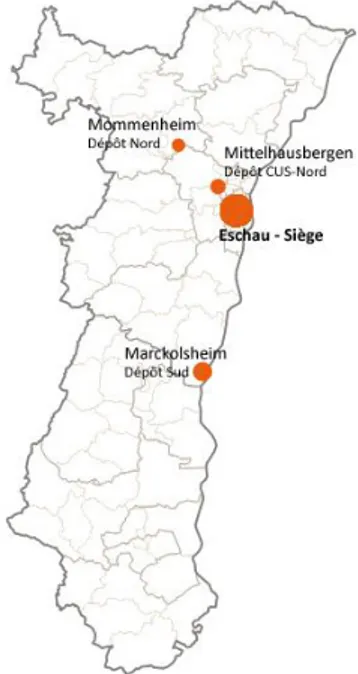 Figure 2 : Les dépôts de SCOP  EV répartis sur le territoire  alsacien ; Source : SCOP EV,  2017