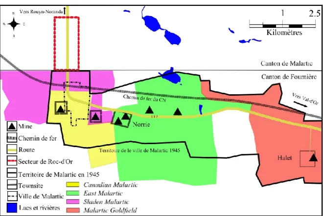 Figure 1 : Plan schématique du centre minier de Malartic en 1945 1