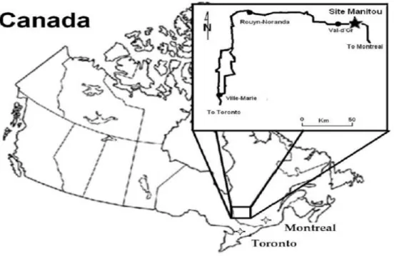 Figure 3.1  : Localisation du site Manitou (Maqsoud et al., 2016)  L’exploitation  du  gisement  a  généré  près  de  11  Mt  de  résidus  miniers  fortement  générateurs  de  drainage  minier  acide (Bussière  et  al.,  2009)