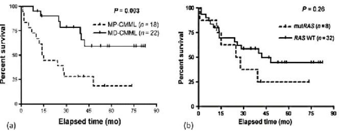 Figure 8 :  Influence des formes prolifératives versus dysplasiques (a) et des mutations de la  voie RAS (b) sur la survie de patients LMMC (16)