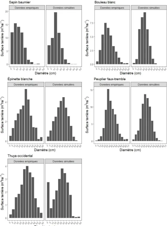 Figure 4.2 : Comparaison de la distribution par classe diamétrale de la surface terrière  simulée à court terme avec la distribution observée de 2009 pour chaque espèce dans  les différents peuplements 