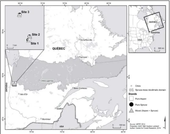 Figure  1.2  Location  of  the  study  sites  in  the  spruce-moss  bioclimatic  domain  of  Quebec