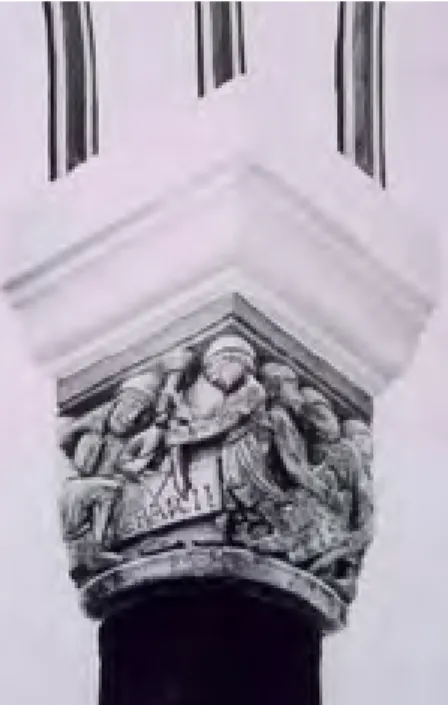 Fig. 5 : Chapiteau de la Basilique Notre- Notre-Dame de Maastricht (Pays Bas) montrant  les travailleurs de la pierre (Operarii  lapis), d’après van Deijk, Pays-Bas romans,  Zodiaque, 1994, pl