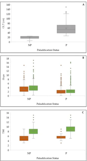 Figure 4. Box plots of OLT (A), Slope (B) and TWI (C) occurrence within two classes of paludification  (NP = Non-paludified and P = Paludified) over the study area