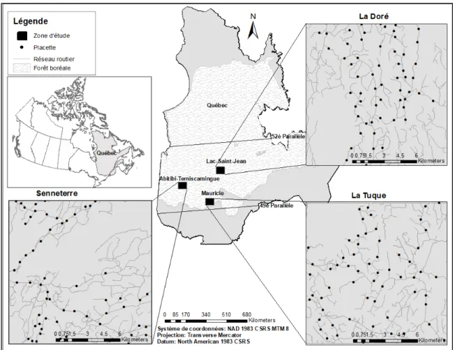 Figure 2.1  Trois zones d’étude (Senneterre, la Doré et la Tuque) sur le territoire du Québec  méridional et identification d’échantillons d’observation terrain (n=241)