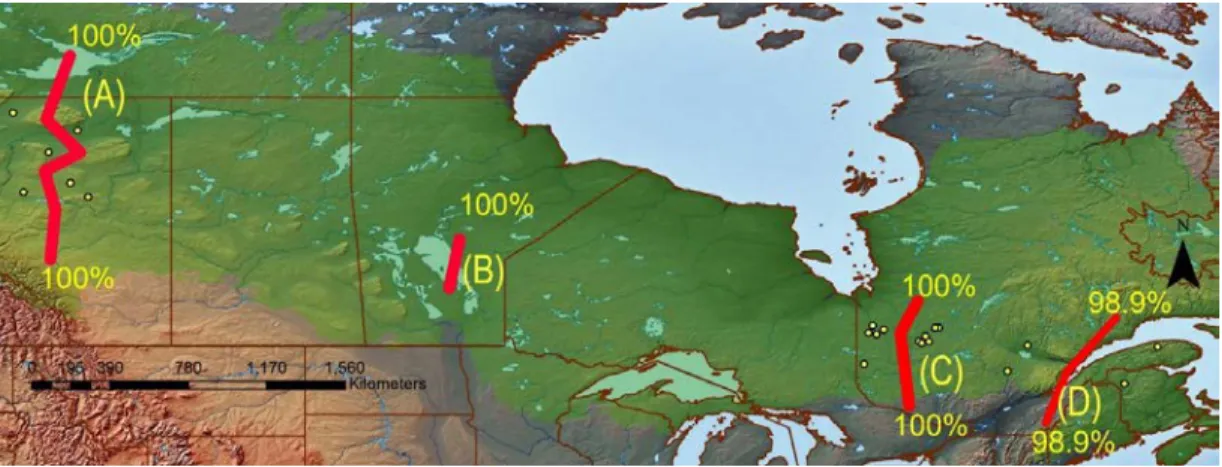 Figure 2.3 Mapped results from the barrier analysis indicating locations of barriers and  their level of bootstrap support