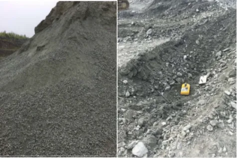 Figure 3-1 : Stériles miniers concassées 0/19 mm situés au bord de la fosse Doyon(photo  à gauche) et stériles miniers en vrac sur la halde Doyon Sud (photo à droite) (Mai 2018)