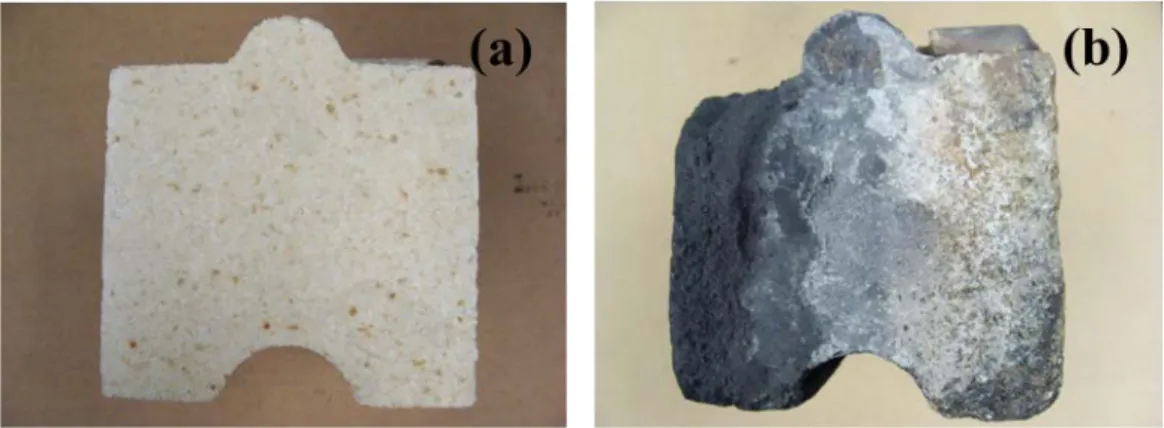 Figure 3: Refractories samples including the direction from anode side to gas side for a) Brick A and b)  Brick B