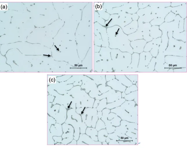 Fig. 4.1 Optical micrographs showing the as-cast grain structures: (a) Al3;   