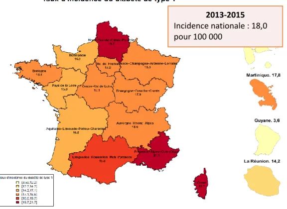 Figure 2 : Taux d’incidence du DT1 sur les territoires français (étude réalisée entre 2013  et 2015) [24] 