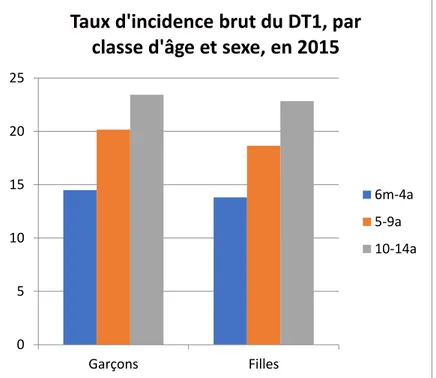 Figure 3 : Taux d’incidence brut du DT1 par classe d’âge et sexe, en 2015 [24] 