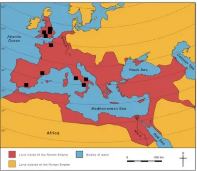 Figure 1 : répartition des sites romains (carrés noirs) étudiés par Mays et collègues  2018