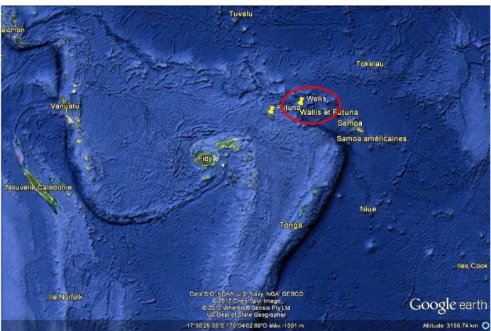 Figure 2 : Localisation de Wallis dans le Pacifique sud   (Google Earth 2012) 
