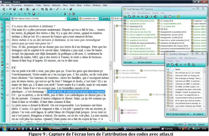 Figure 9 : Capture de l'écran lors de l'attribution des codes avec atlas.ti   (Worliczek 2012) 