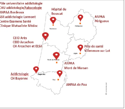 Figure 1. Répartition des addictologues en ex-Aquitaine (support 1 ère  réunion projet PACT du 20 mars)