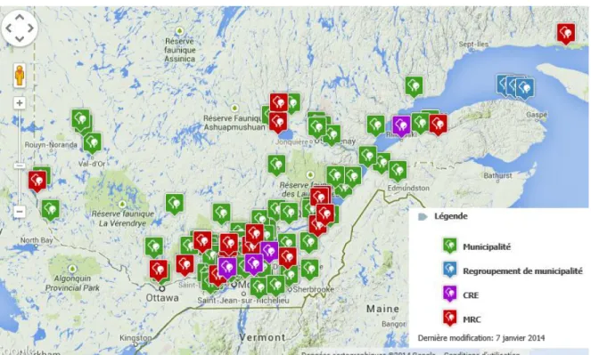 Figure 2 : Municipalités et MRC québécoises ayant entrepris une démarche territoriale de  développement durable (source : www.a21l.qc.ca) 