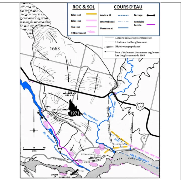 Figure  1‐  S ECTEUR  DE  S AINT ‐J EAN ‐V IANNEY .    Modifié  de  Chagnon  (1968) :  Ajouts (colorés) :  Escarpements  et  affleurements  de  roc; axe d’un segment du  Saguenay; ravin mineur  aligné  avec le mur  nord du  Saguenay à  l’est et la rivière 