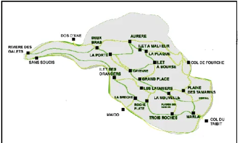 Figure 3 : Carte du cirque de Mafate et de ses sentiers 