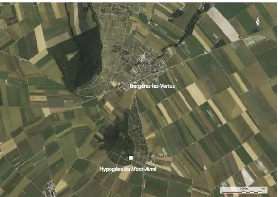 Figure 18. Photographie aérienne de la butte du Mont-Aimé montrant la localisation des hypogées I et II