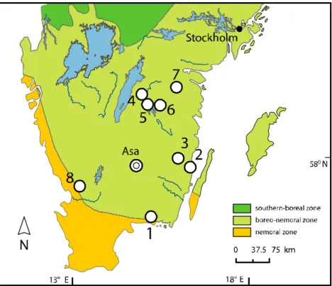 Figure 1. Study sites in Southern Sweden and biogeographic zones (after Ahti et al. 1968)