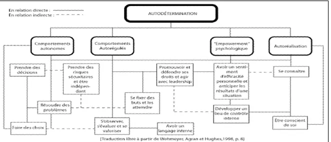 Figure 2 : Les caractéristiques essentielles de l’autodétermination et les facteurs inhérents à  l’émergence de comportements autodéterminés (Wehmeyer et al., 1998, dans Bergeron, 2012, p