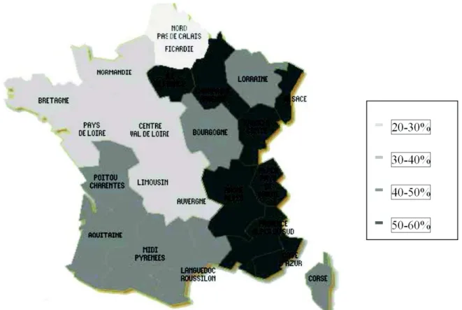 Figure 2 : Taux d'allaitement en France par régions (en 1997), au 8 ème  jour post-natal  (d'après Action pour l'Allaitement) (2) 
