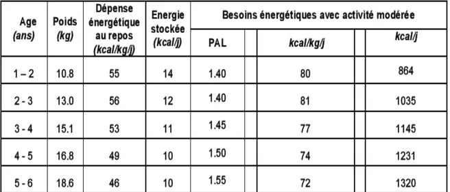 Tableau 8 : Besoins énergétiques de filles de 2 à 6 ans   avec une activité modérée (19) 