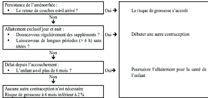 Figure 5 : Algorithme de la MAMA : comment déterminer la nécessité d'une autre contraception  pendant l'allaitement d'après Kennedy 1996, Vekemans 1997 et Labbok 1997 (11)