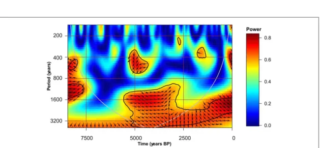 Figure 6. Wavelet coherence ( WTC ) between p̂ CHAR and the Greenland temperature reconstruction