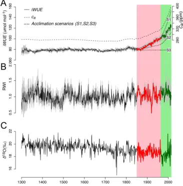 Fig. 1. Evolution of iWUE, c a , RWI, and δ 18 O since 1300 CE for old-growth white cedars at lake Duparquet, Eastern Canada