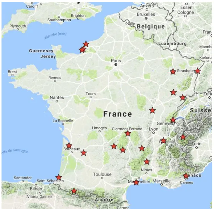Figure 4 : Répartition géographique des cas d’épidémie de gastro-entérite investiguées en France de  1990 à 2016