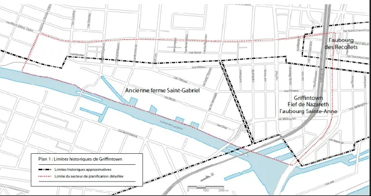Figure 4-5. Historic (black) versus planned (red) borders of Griffintown. 