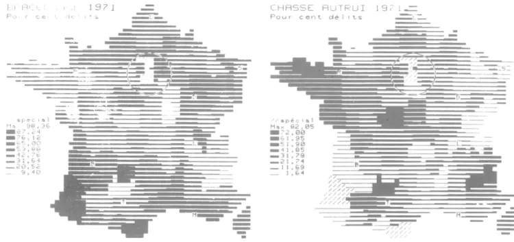 Fig.  3.  Taux de «braconnage» et de chasse sur autrui par rapport à l'ensemble des délits  de chasse en 1971