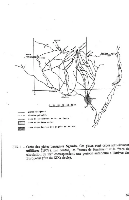 FIG, 1 _ Carte des pistes lignageres Ngando, Ces pistes sont ce~es actu~llement utiiilisees (1977)