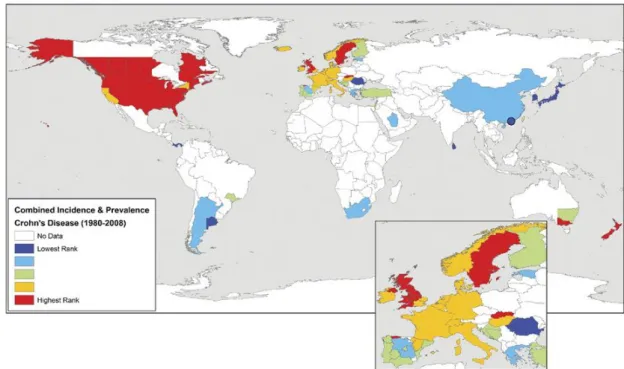 Figure 1 : L'incidence de la maladie de Crohn dans le monde après 1980.   