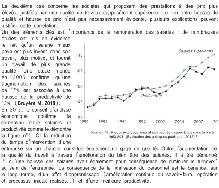 Figure n°4 : Productivité apparente et salaires réels super-bruts dans le privé  1990-2011 (Évaluation des politiques publiques, 2013) [4]