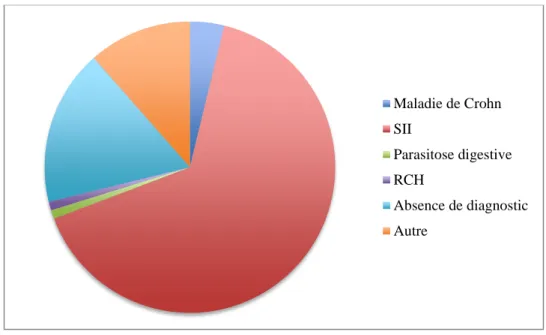 Figure 4. Diagnostics à l’issu du suivi.  SII : syndrome de l’intestin irritable ; RCH :  rectocolite hémorragique 