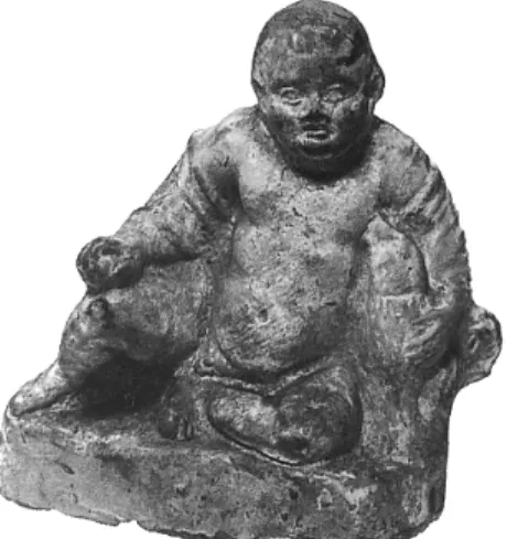 Fig. 2. Harpocrate, le bras gauche enlaçant un chien  maltais  (Louvre  AF  7740 ;  époque  hellénistique ;  d’après  Fr