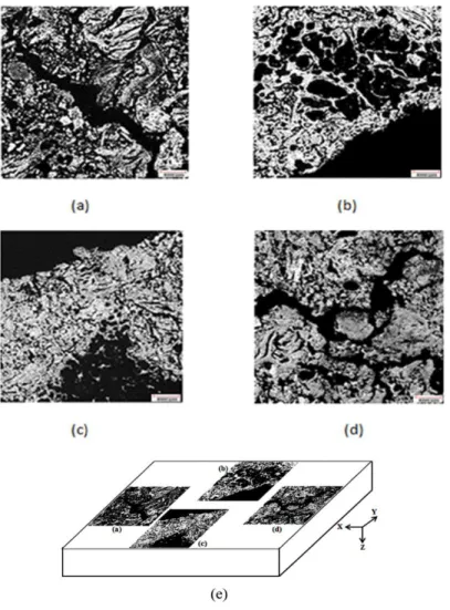 Figure 4.15 : Images qui représentent les différentes zones des fissures surfaciques :   (a) fissure de l’extrémité 1, (b) et (c) fissures à la frontière de milieu, (d) fissures de 