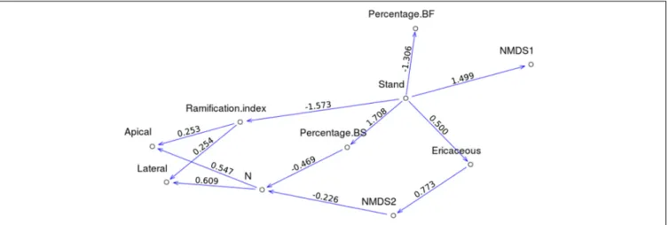 FIGURE 6 | Direct acyclic graphs corresponding to Mod1, only significant links between variables are shown, path coefficients are indicated above each arrow.