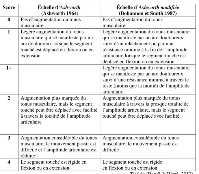 Tableau 3: Échelles d’Ashworth et d’Ashworth modifiée  Score  Échelle d’Ashworth 